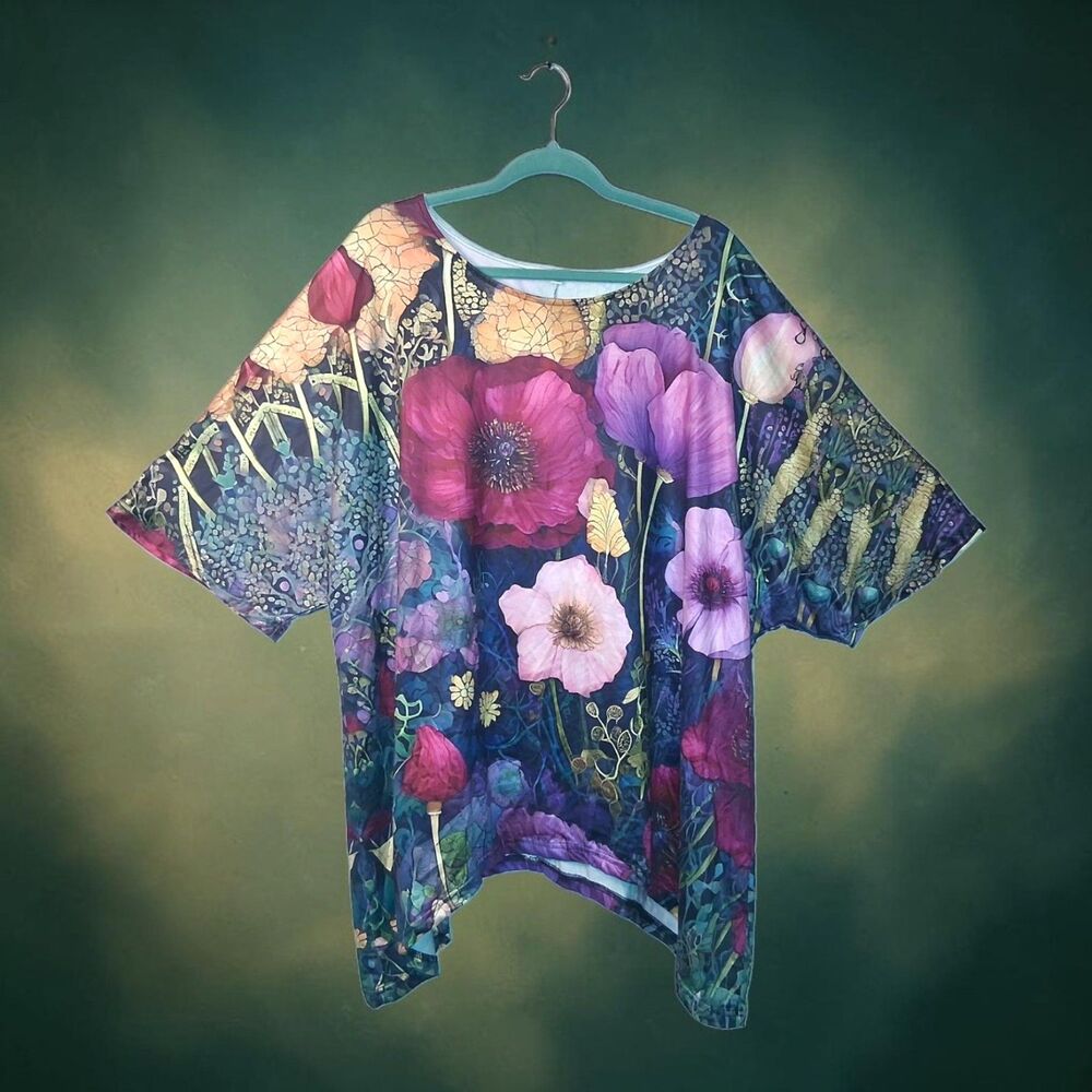 Artistic Floral Poppy Graphic Print Tunic Blouse - Women's Size 3XL